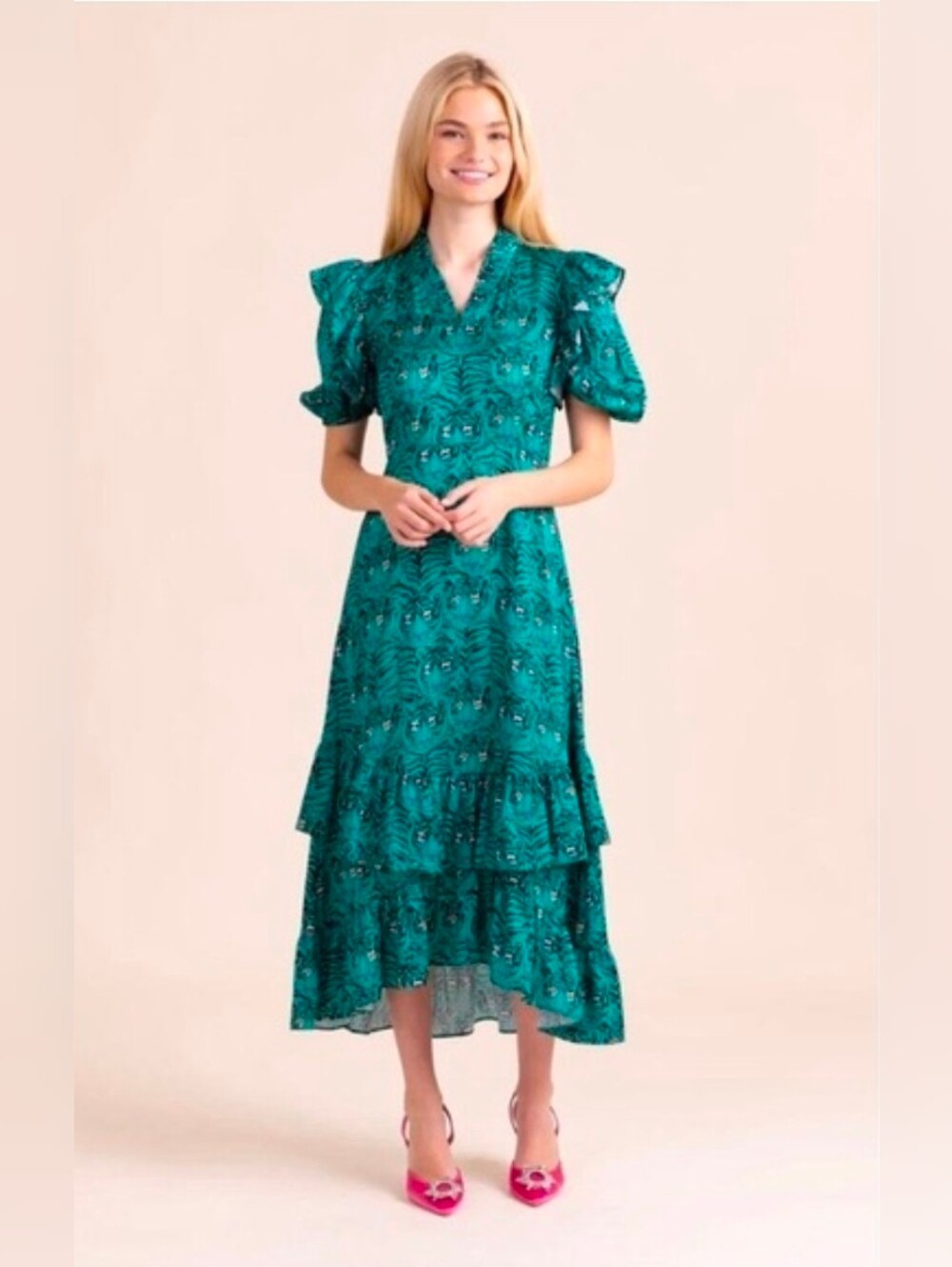 NWT Alden Adair Teal Green High-Low Tiered Puff-Sleeve Dress Size Small